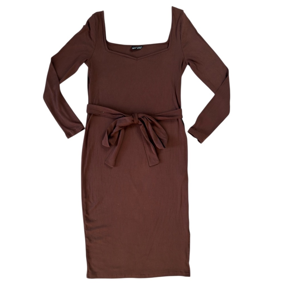 SHEIN NWOT Maternity Chic Sweetheart Neck Belted Dress Midi Timeless Brown L - Picture 2 of 16